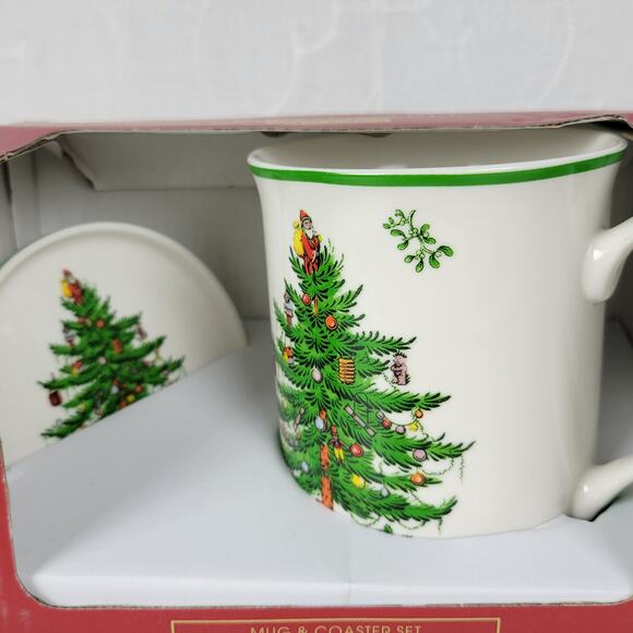 Spode Christmas Tree Mug & Coaster 2-pc Set White Ceramic Gift Box NIB - Picture 5 of 12